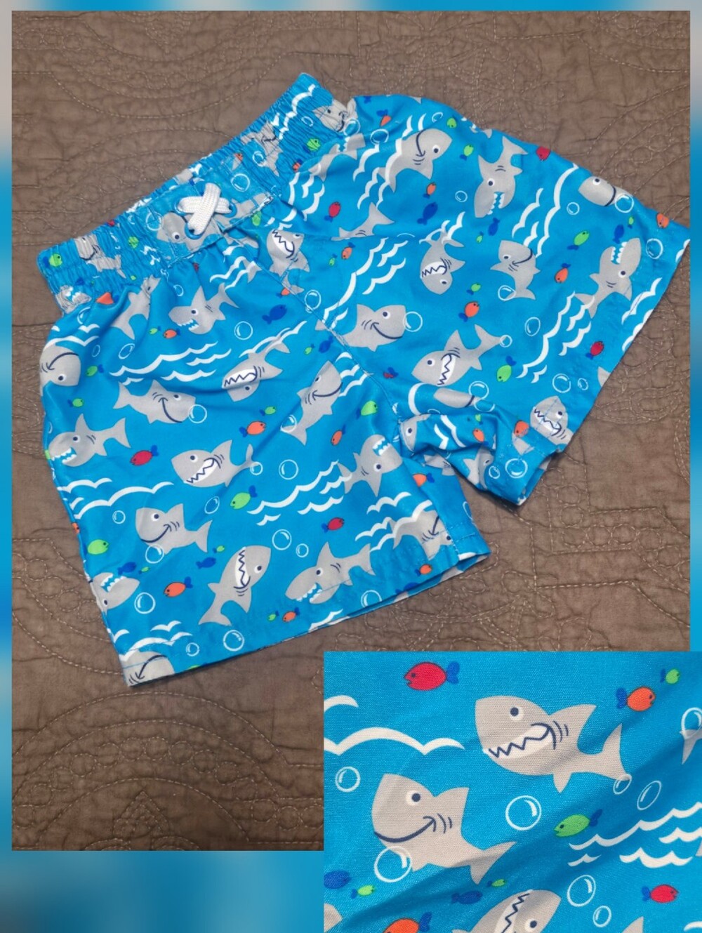 Healthtex Shark Fish Hawaiian Ocean Swimsuit Infant Boys 3 to 6 Mos Blue Lined